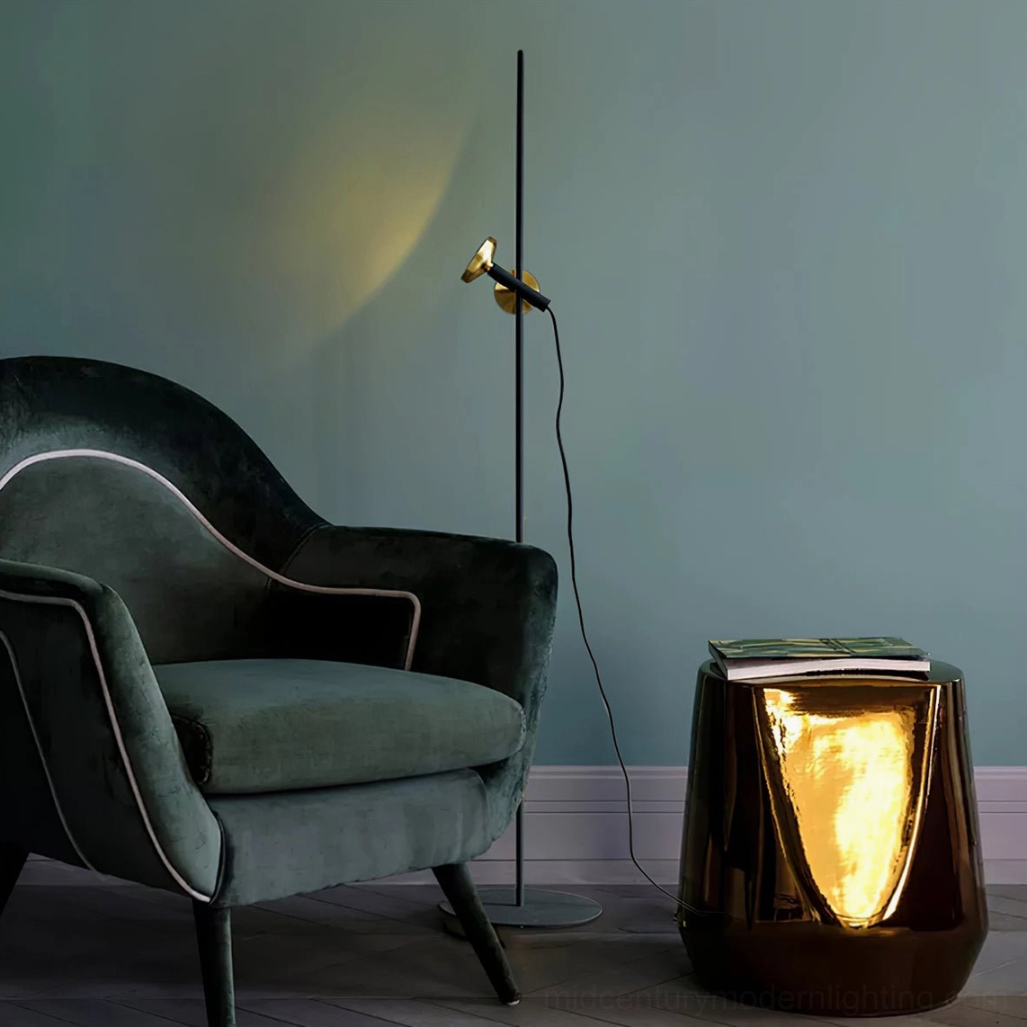 Marquina black marble and brass floor lamp full product showcase, modern minimalist lighting fixture