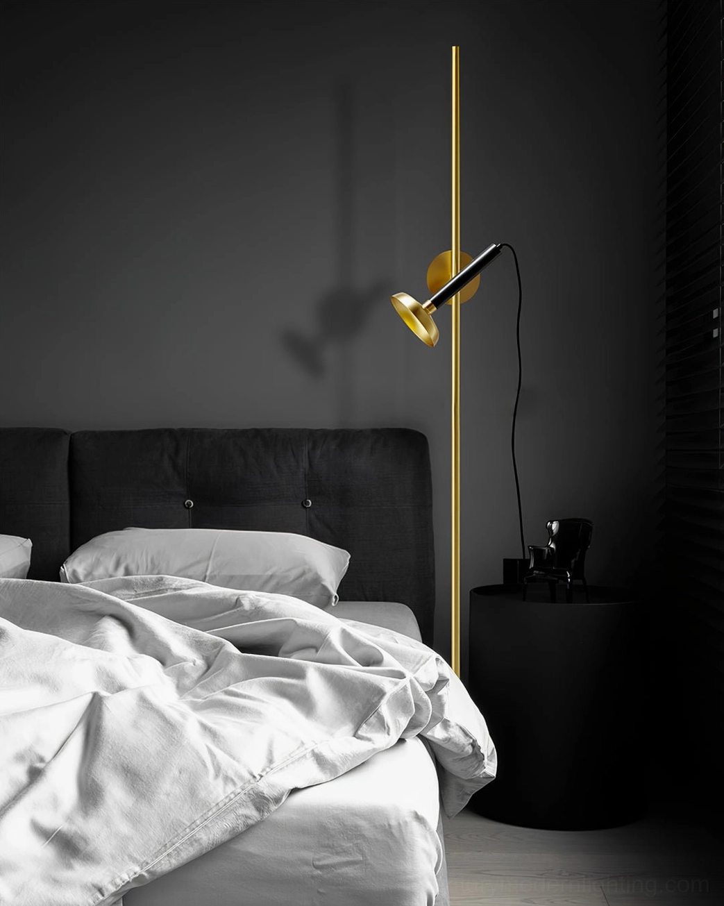Marquina floor lamp with integrated LED lighting in studio environment, modern mid-century design