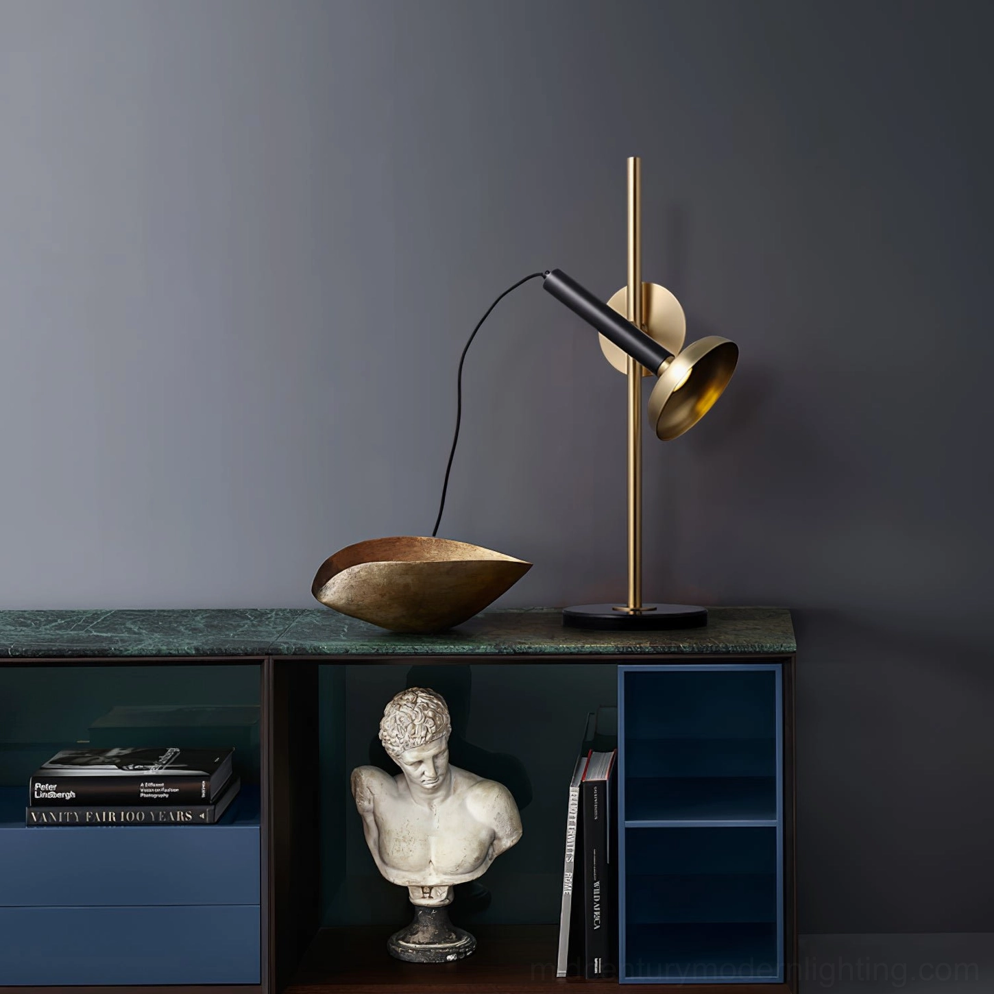 Marquina modern table lamp displayed on contemporary cabinet - interior design showcase