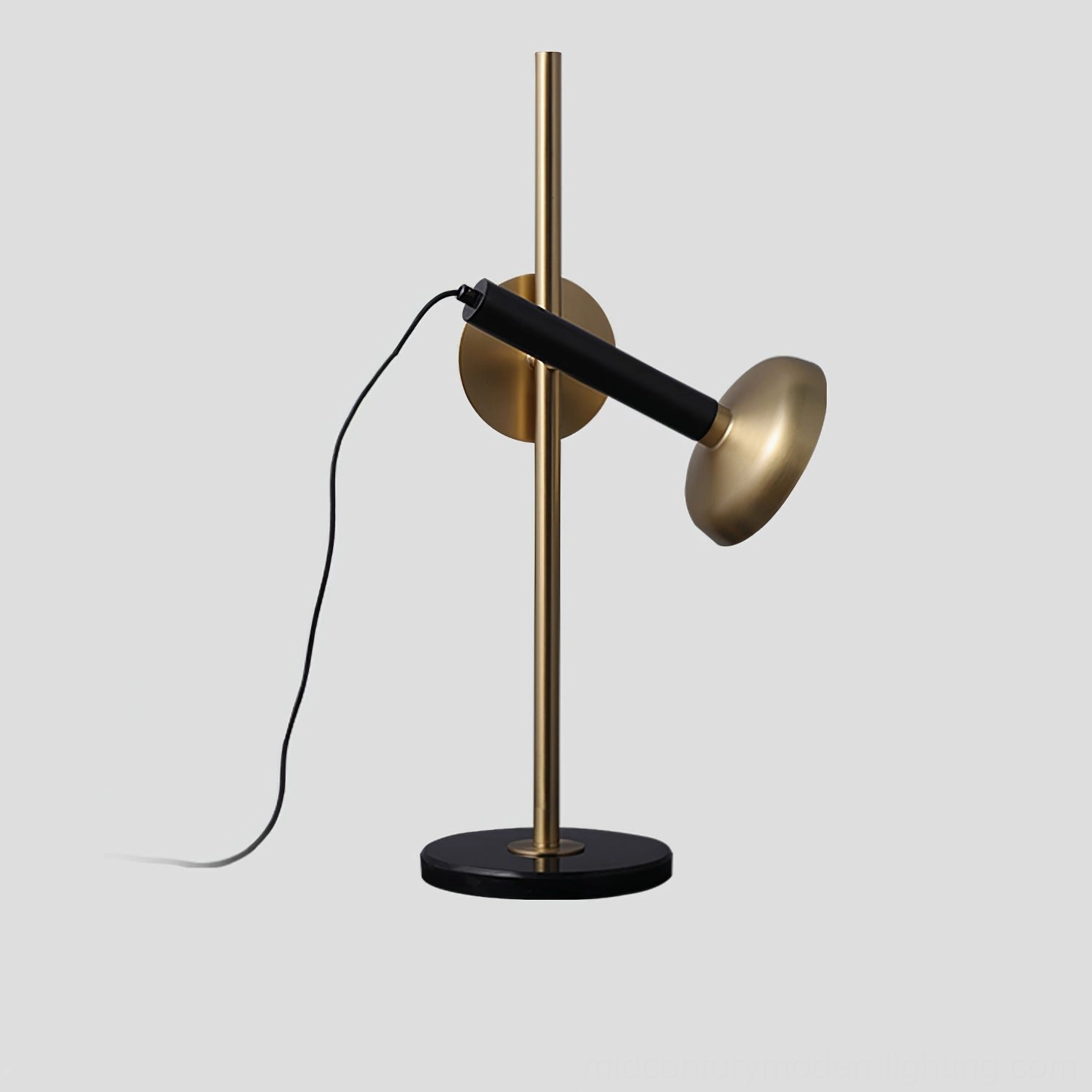 Marquina marble table lamp back three-quarter view - marble base and metal arm detail