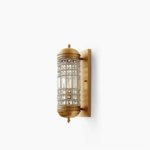 Marrakech gold crystal wall sconce with brass frame and geometric crystal shade, studio front view