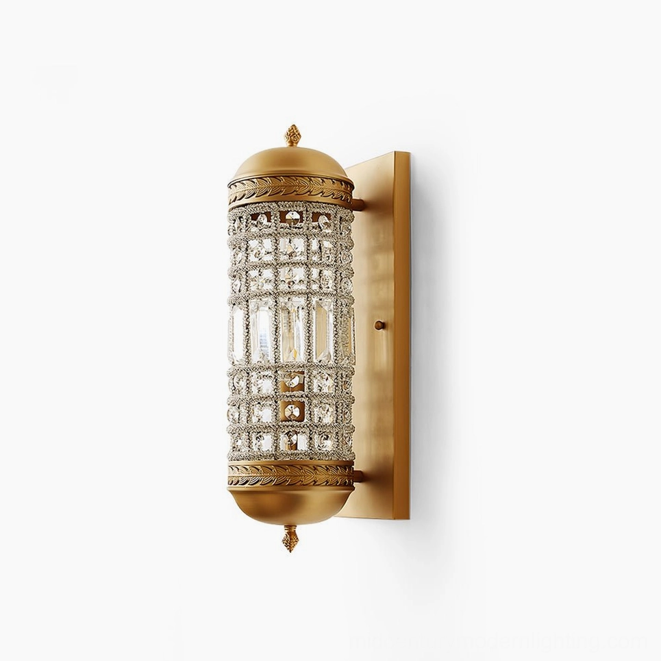 Marrakech gold and clear crystal wall sconce with ornate brass frame and lattice pattern shade