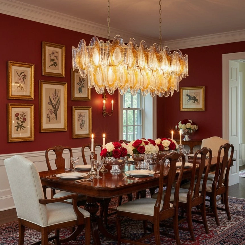 Marrina sculptural chandelier glowing above dining space with burgundy accent wall showing full glass array and classic luxury style
