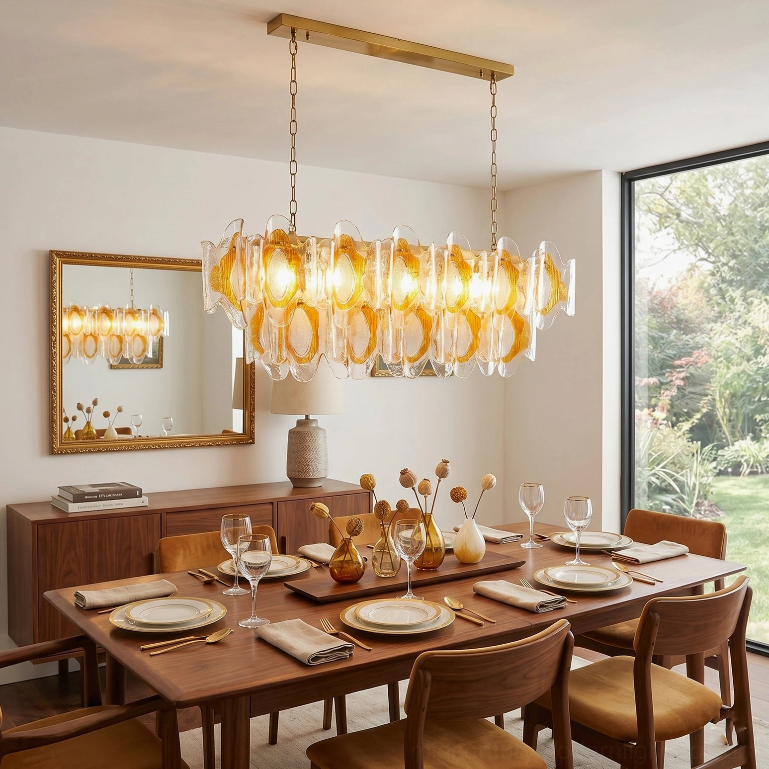 Marrina glass chandelier eye-level view in warm wooden dining space with brass suspension chain and glowing amber glass shades