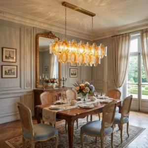 Marrina chandelier installed in European formal dining room with warm glowing illumination above wooden dining table