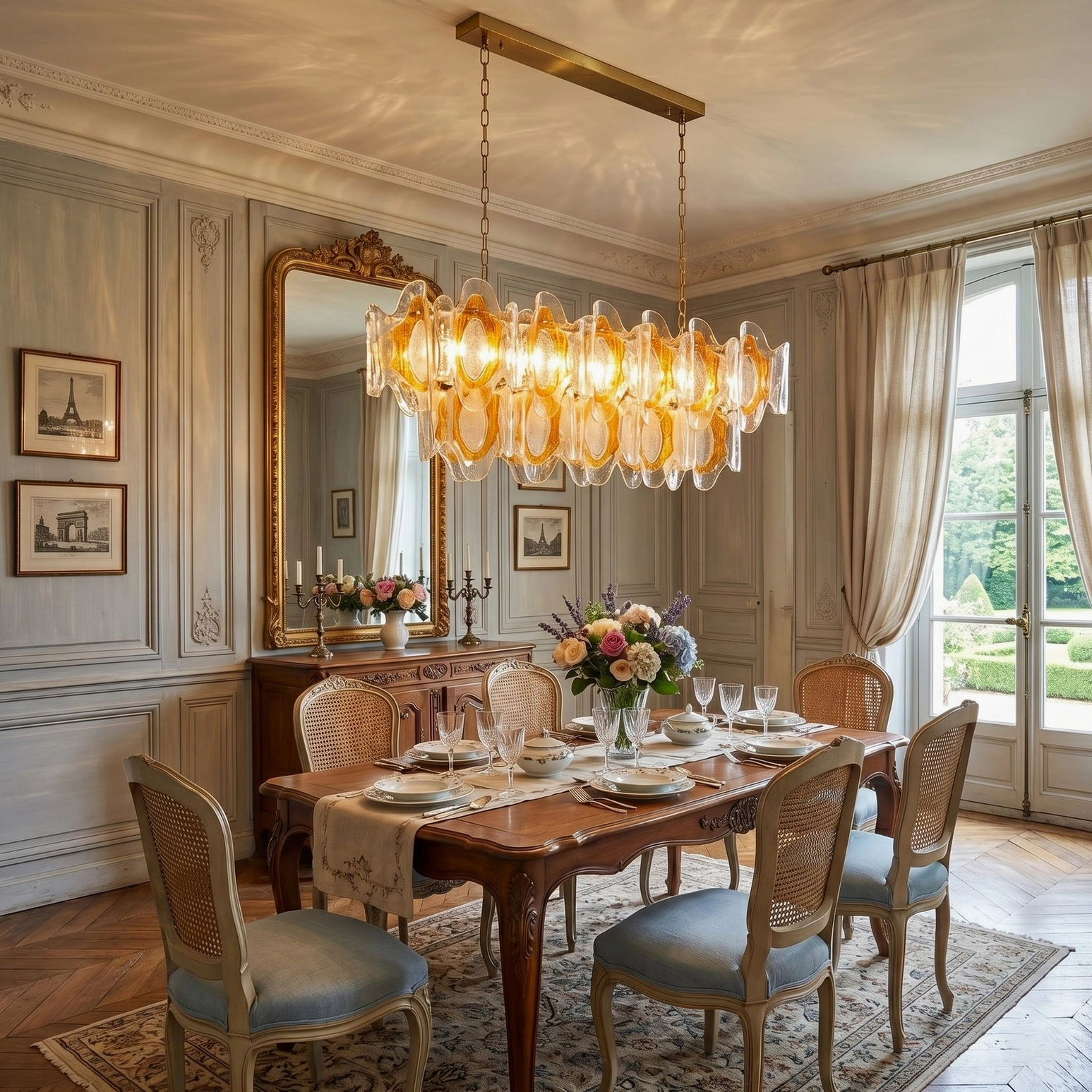 Marrina chandelier installed in European formal dining room with warm glowing illumination above wooden dining table