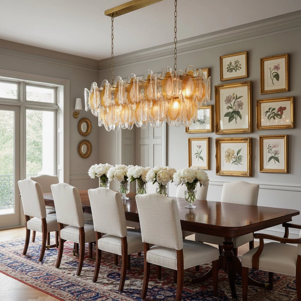 Marrina glass chandelier illuminated in gallery wall formal dining room with multiple sculpted glass pendants creating warm ambient light