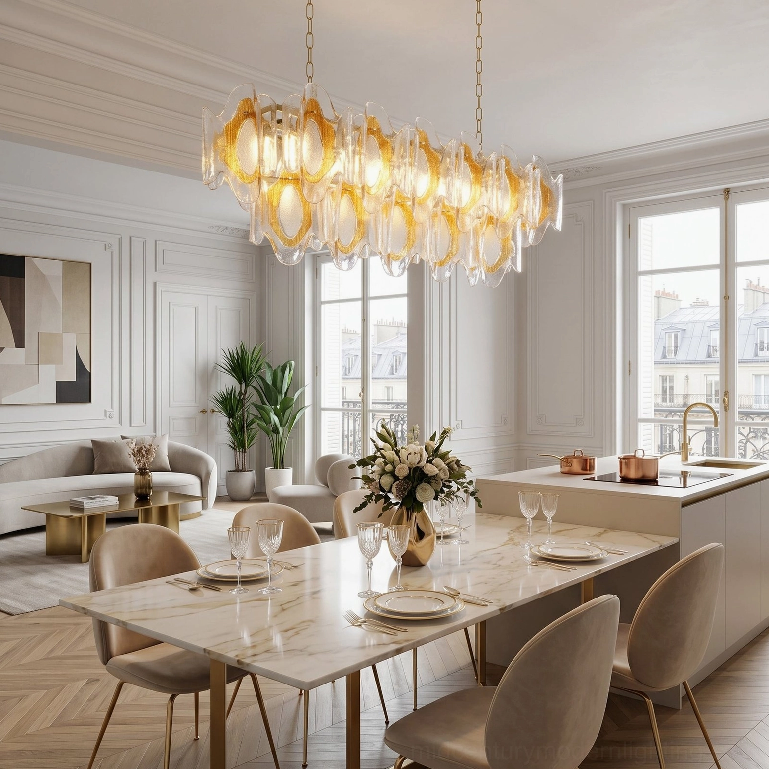 Marrina glass pendant chandelier in modern kitchen-dining hybrid space with neutral tones and warm ambient lighting effect