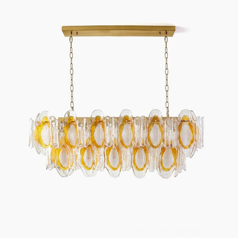 Marrina sculptural glass chandelier front view showing rectangular design with hand-sculpted amber and clear glass petals and brass gold hardware