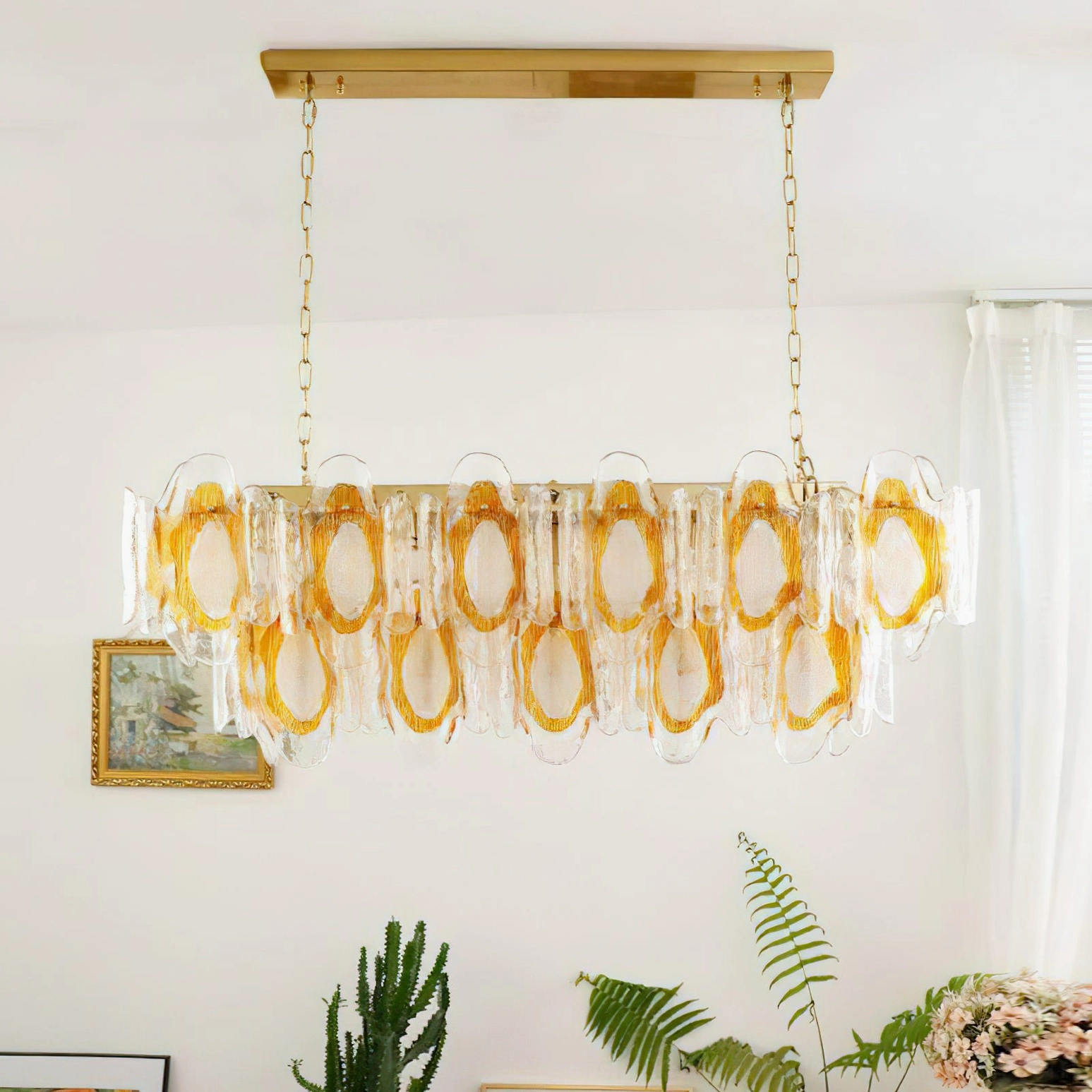 Marrina sculptural glass chandelier product detail shot showing overall geometric rectangular silhouette and glass petal arrangement