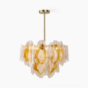 Marrina amber glass chandelier overhead view studio lighting showing hand-sculpted glass petals and brass hardware