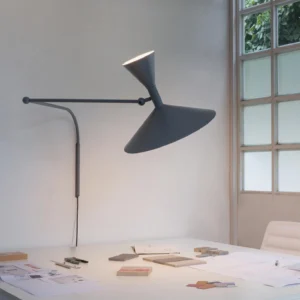 Dual-head Marseille dark grey swing arm wall lamp in modern home office setting above desk