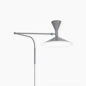 Marseille grey swing arm wall lamp front studio view with adjustable metal arm and conical shade