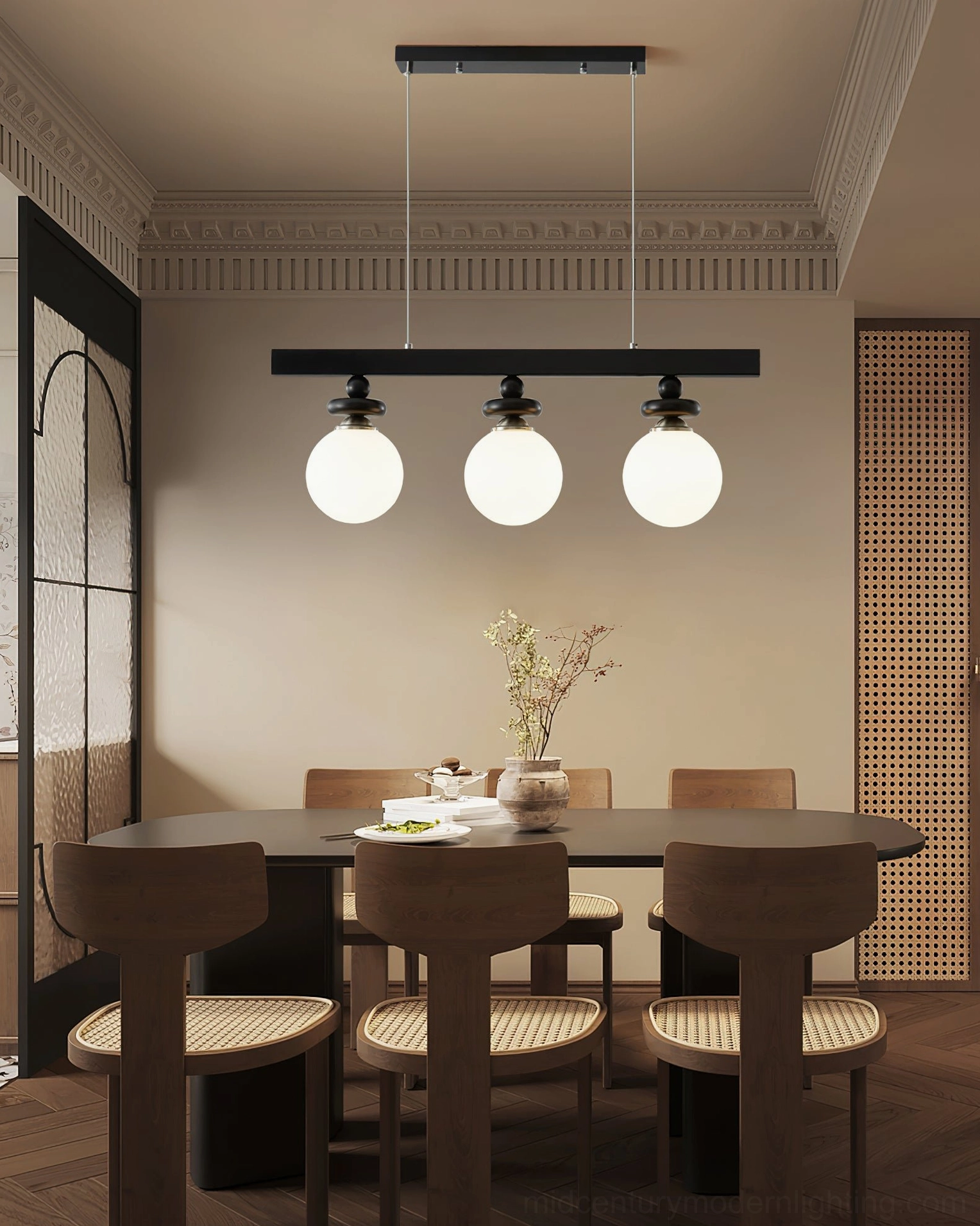 Maru 3-light linear pendant light in minimalist dining room with warm neutral color palette and contemporary styling