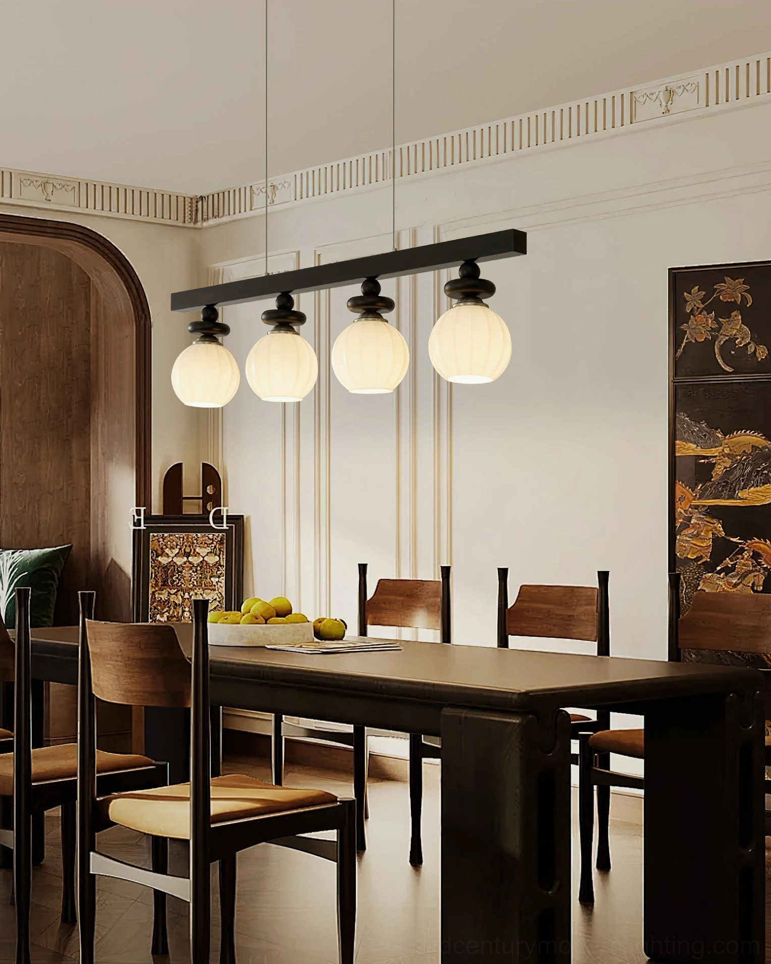Maru 4-light linear pendant chandelier over traditional vintage dining room table showcasing multiple frosted glass globes