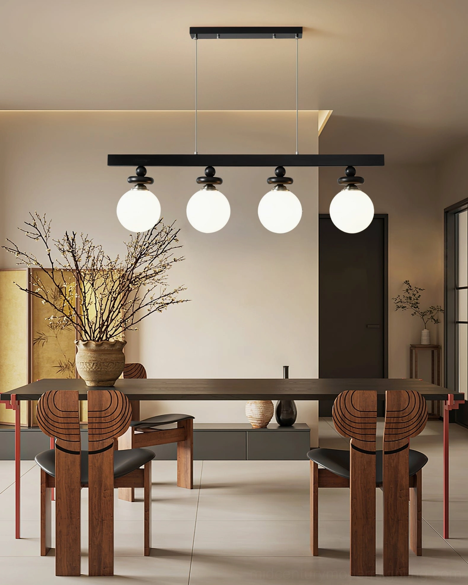 Maru 4-light linear pendant fixture in modern vintage dining area paired with wooden furniture mid-century aesthetic