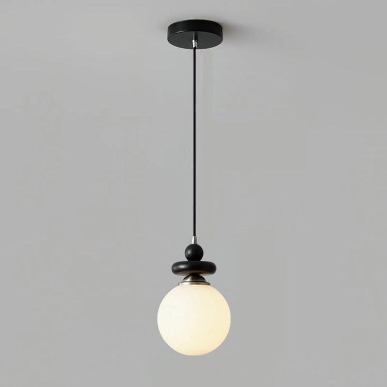 Maru Model B single pendant light - 5.9 x 9.4 inch ribbed frosted glass globe with minimalist black metal frame design