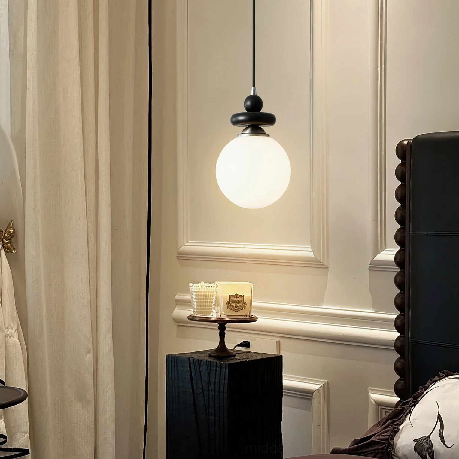 Maru ribbed glass pendant installed in vintage bedroom corner creating warm ambient lighting with side profile of frosted glass shade