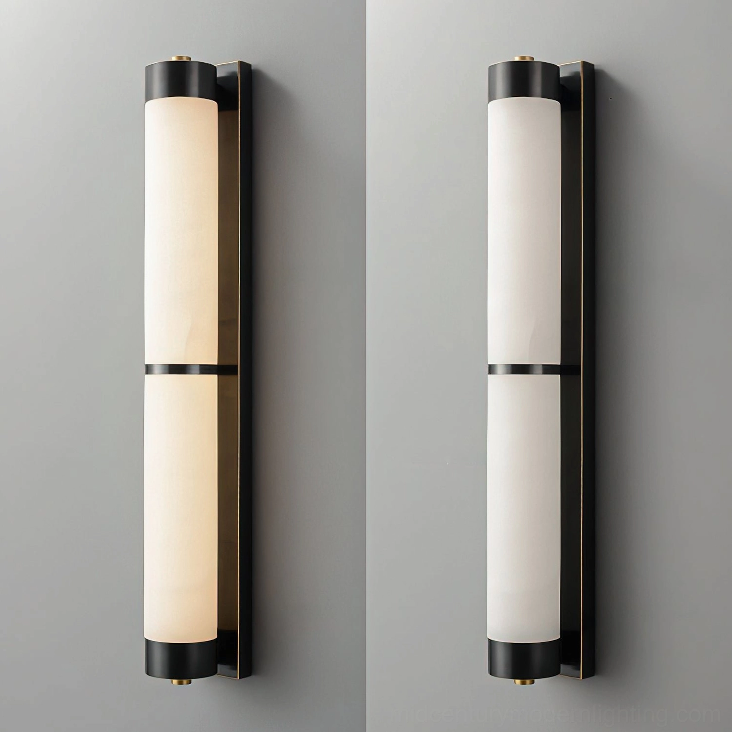 Pair of matching alabaster wall sconces with matte black metal backplate and two-section white shade with black trim