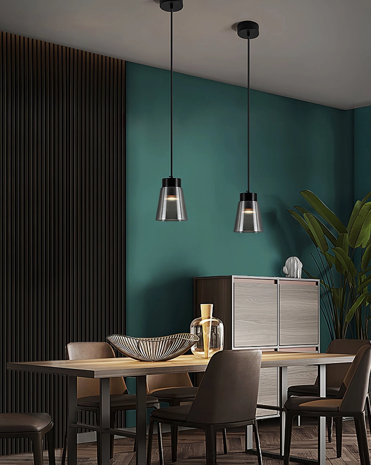Matching pair of tapered smoke grey cone pendants with black hardware in modern interior