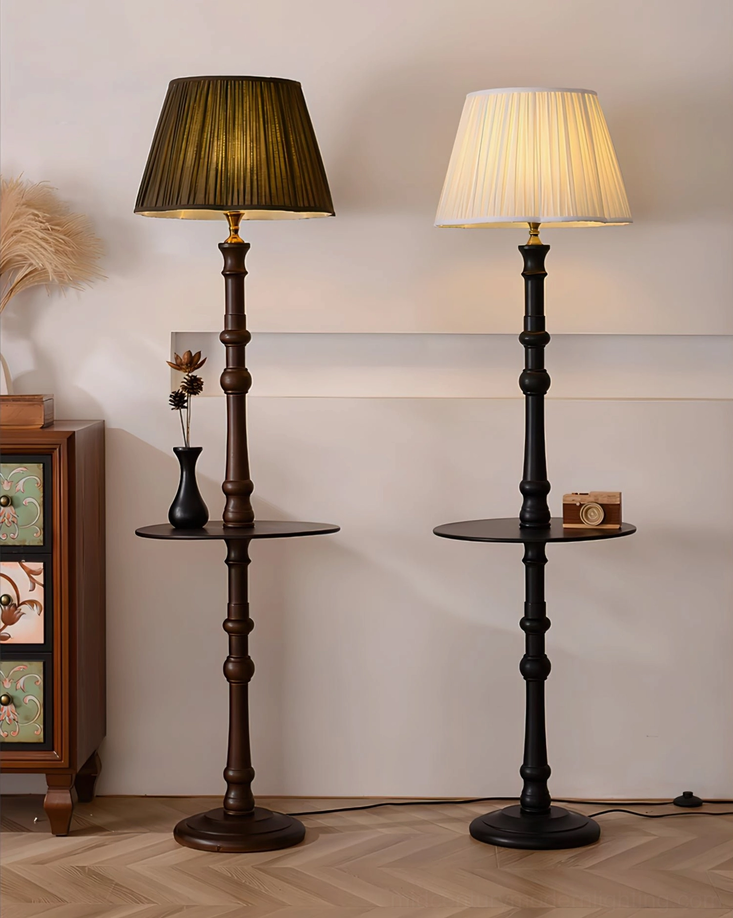 Two matching vintage floor lamps showing Black and Walnut color variations with pleated shades