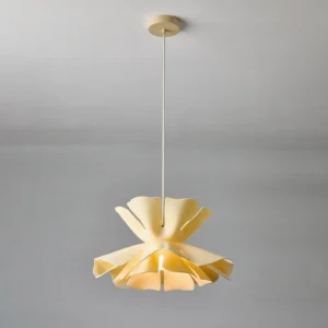 Matilda cream flower pendant with matching ceiling canopy and hanging cord, straight vertical studio perspective