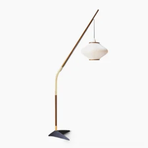 Matsusu mid-century modern arc floor lamp with wooden arm and black triangular metal base, full side view
