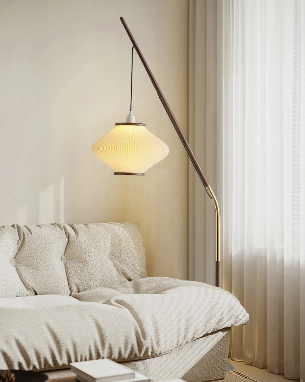 Matsusu mid-century modern floor lamp in living room with sofa and sheer window curtains soft neutral decor