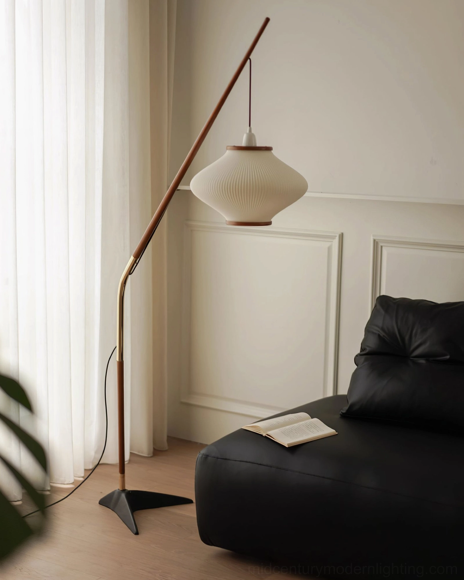 Matsusu mid-century modern arc floor lamp three-quarter view showing complete design silhouette