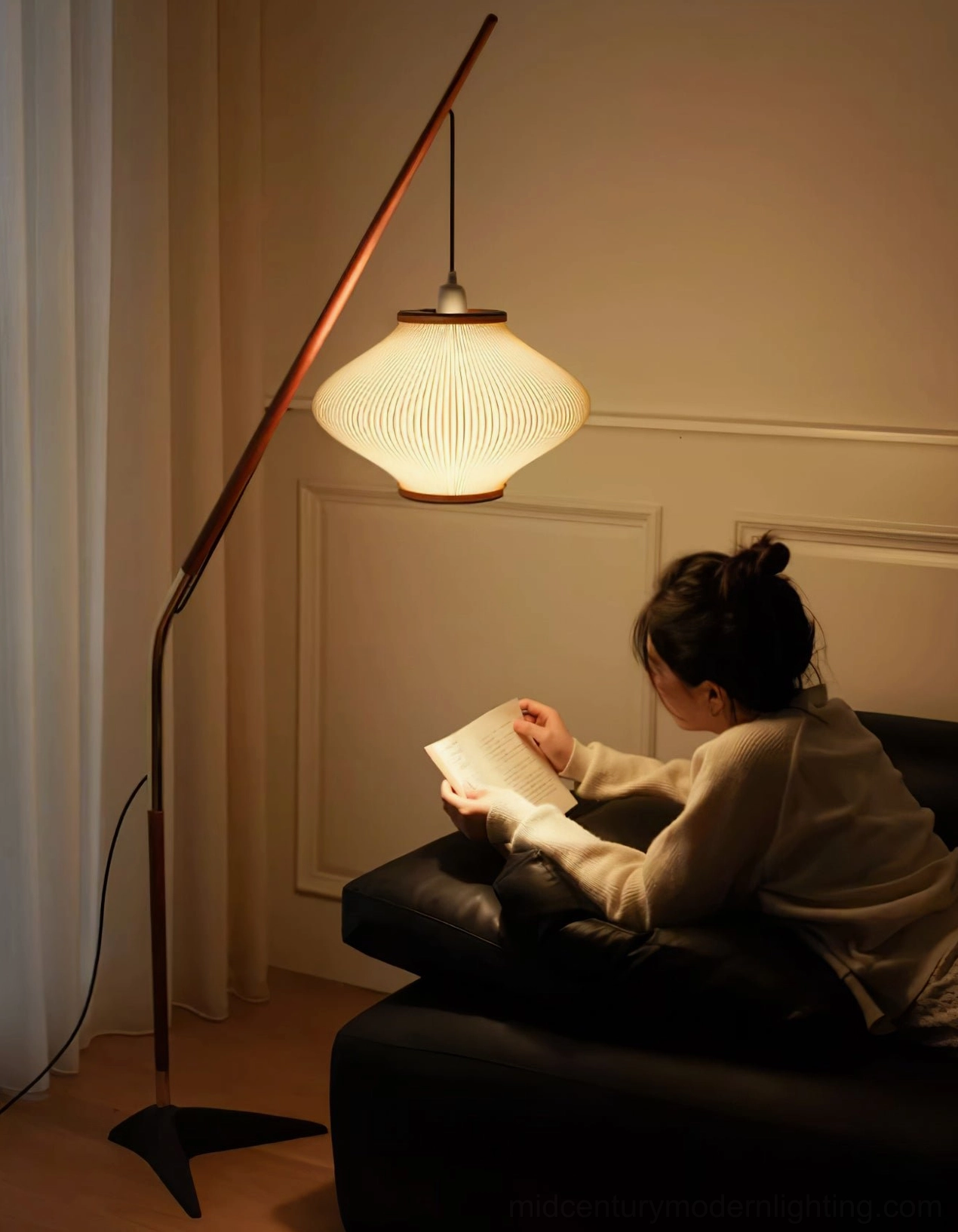 Matsusu mid-century modern floor lamp in bedroom ambient lighting creating cozy atmosphere