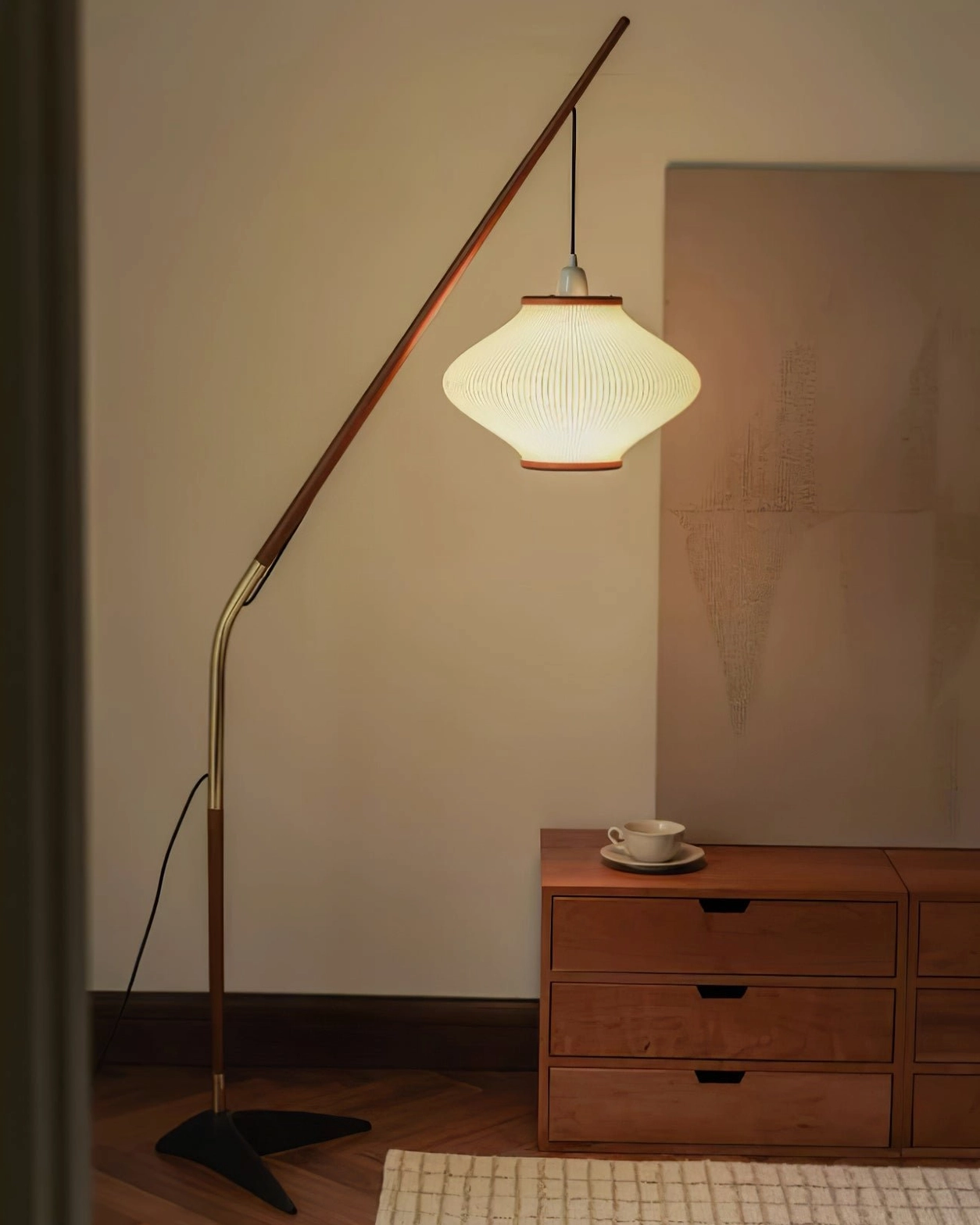 Matsusu arc floor lamp with Edison vintage bulb creating warm atmospheric lighting