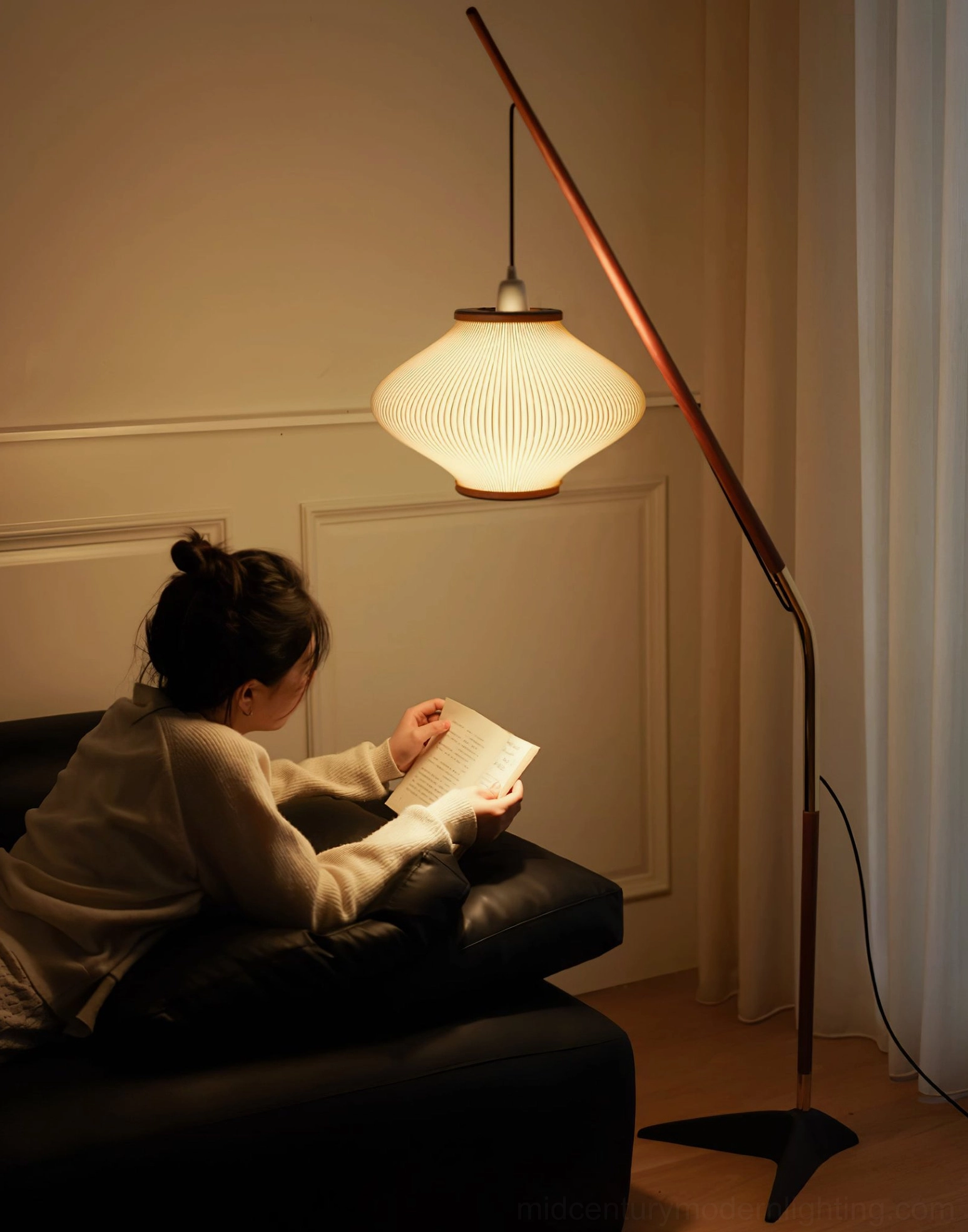 Matsusu mid-century modern floor lamp in reading corner with comfortable seating and books