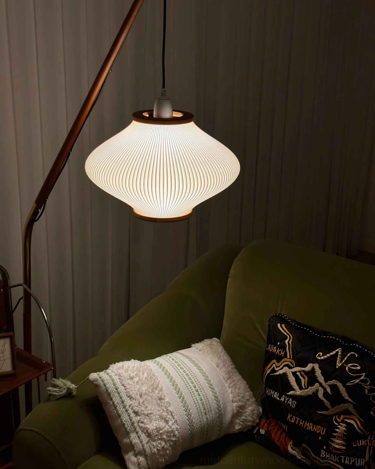 Matsusu arc floor lamp full length view showcasing proportions and mid-century modern elegance
