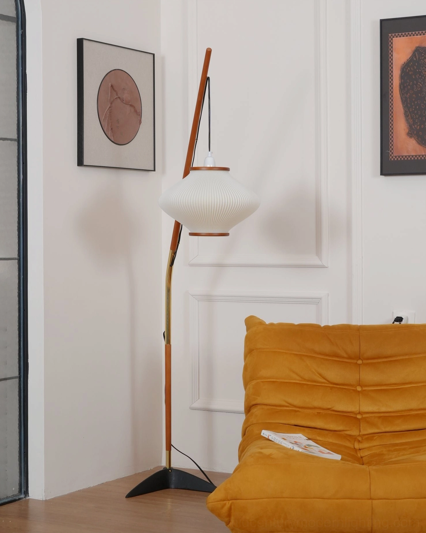 Matsusu floor lamp pleated shade detail showing fabric texture and wood frame connection