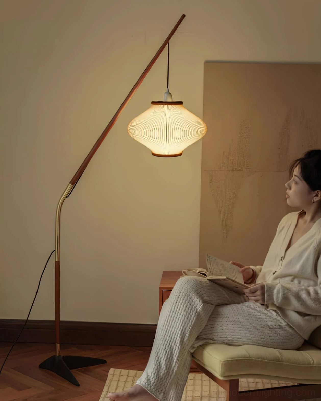 Matsusu arc floor lamp wooden shade ring detail and ceramic socket connection