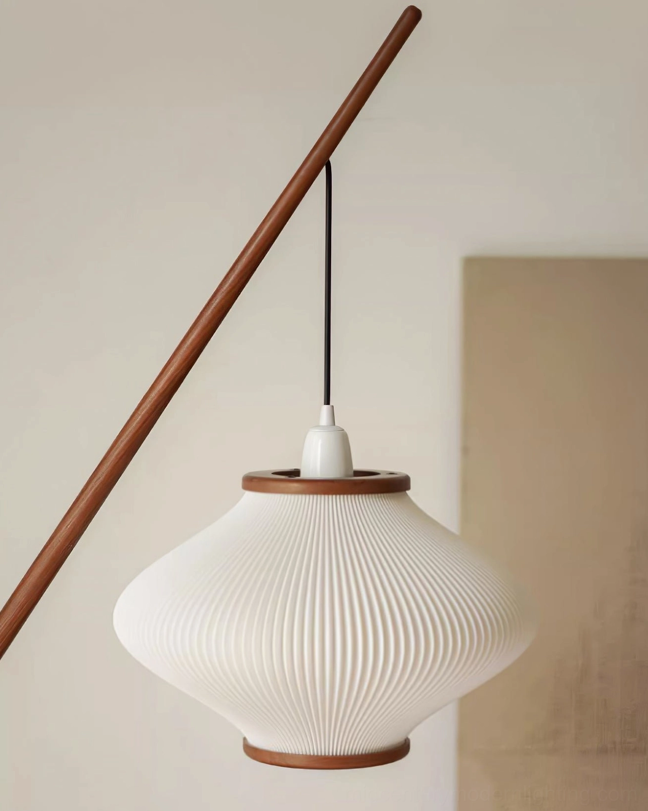 Matsusu lamp arm assembly showing solid wood construction and white pleated pendant shade with wood trim