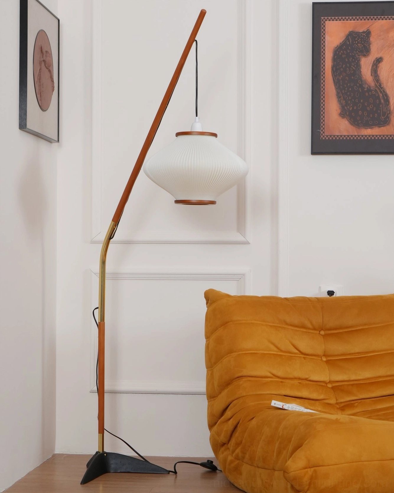 Matsusu mid-century modern arc floor lamp wooden construction detail close-up view