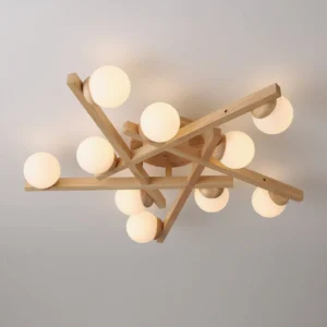 Multi-bulb sputnik ceiling lamp viewed from above showcasing twelve frosted glass diffusers and geometric wooden frame against gray wall