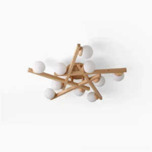 Matya wooden sputnik ceiling light with three frosted glass globe bulbs and natural wood arms against white studio background