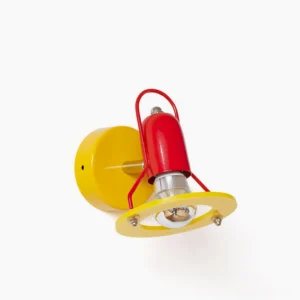 Maurer geometric wall lamp with bold red and yellow color blocking, Memphis design style, front three-quarter view