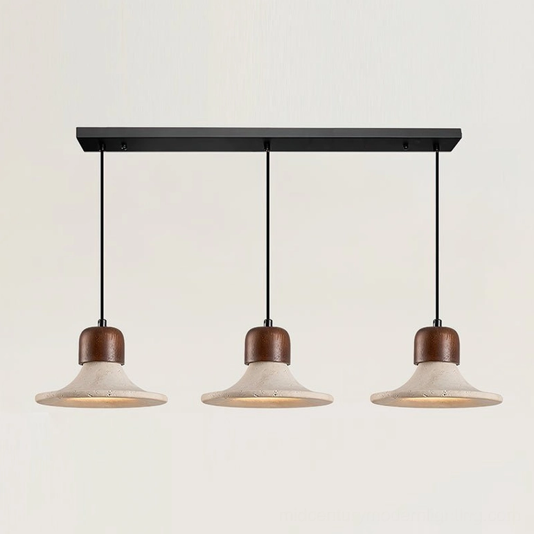 Mayu 3-light linear pendant chandelier overhead view three travertine shades