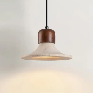 Mayu pendant lamp overhead perspective warm downlight illumination travertine stone shade