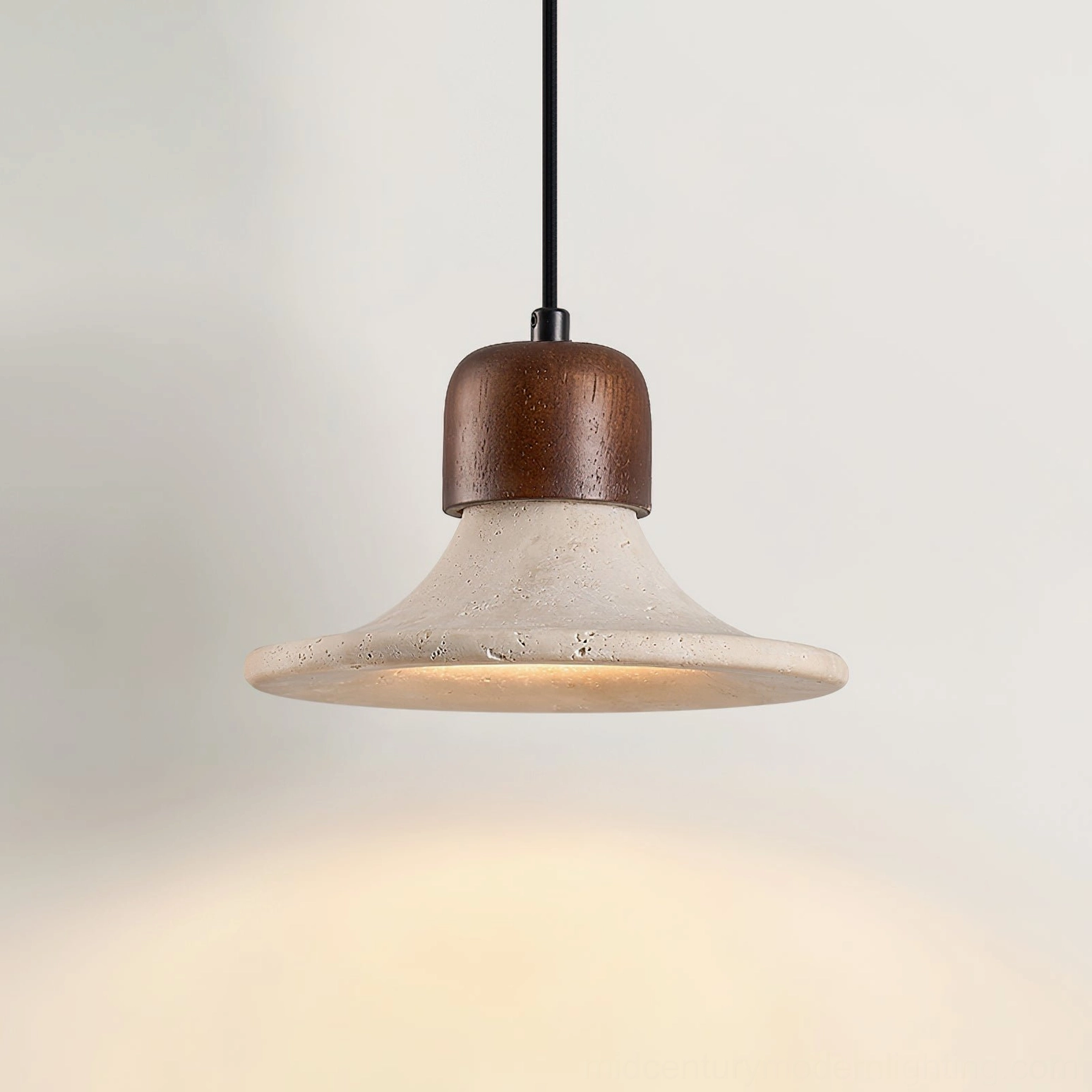 Mayu pendant lamp overhead perspective warm downlight illumination travertine stone shade