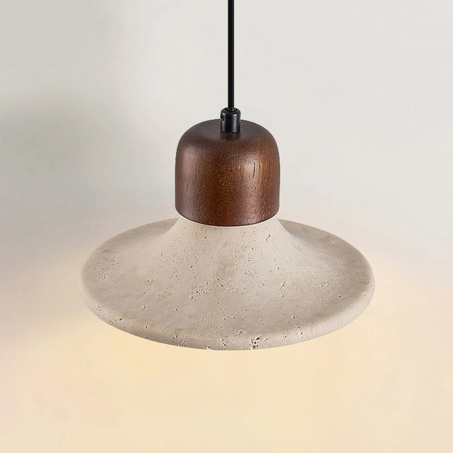 Mayu pendant lamp top-down overhead view dark walnut wood cap and travertine shade profile