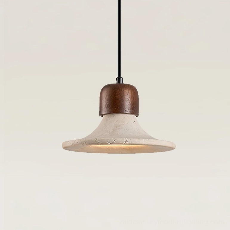 Mayu single travertine pendant lamp right front overhead view warm ambient glow