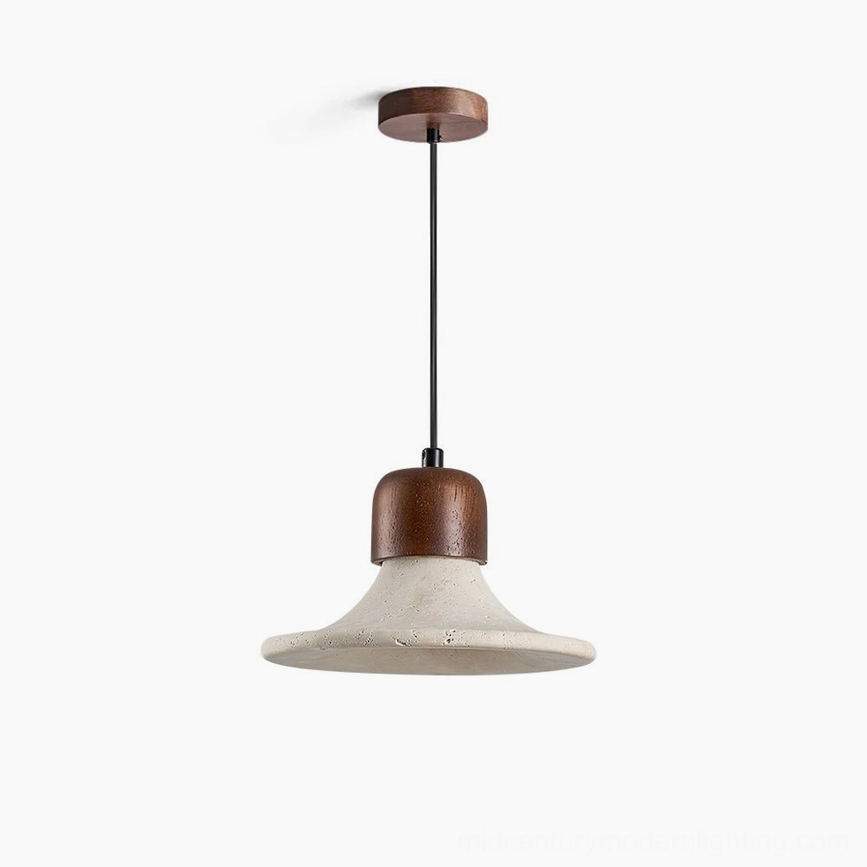 Mayu travertine pendant lamp single unit front view hanging from ceiling studio photography