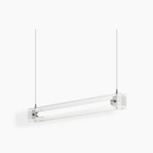 Mazha linear LED pendant lamp with clear glass housing and chrome fixtures, studio front view