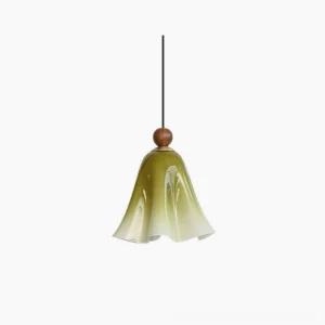 Meblo mid-century modern pendant light with green gradient ruffled glass shade and wooden accent, studio front view