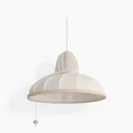 Meblo mid-century modern pendant lamp with ribbed white shade and natural wood base, front studio view