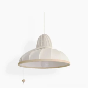 Meblo mid-century modern pendant lamp with ribbed white shade and natural wood base, front studio view